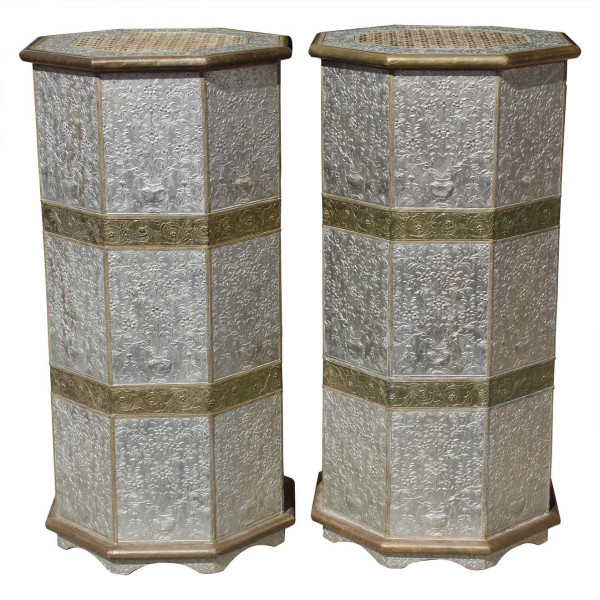 Pair_of_Octagonal_Pedestals_with_Applied_Brass_and_Tin_Repoussé_Panels slide0