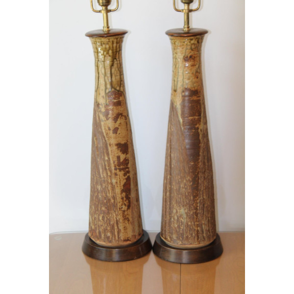 Pair_of_Stoneware_Lamps_with_Olive_Green_Drip_Glaze slide1